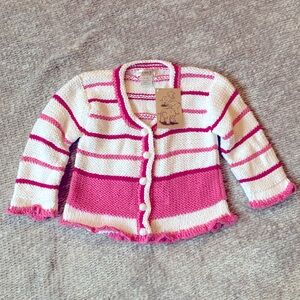 NWT 2H Knits Hand-Knit Baby Cardigan‎ 12–24M Pink White Striped Ruffle Sweater